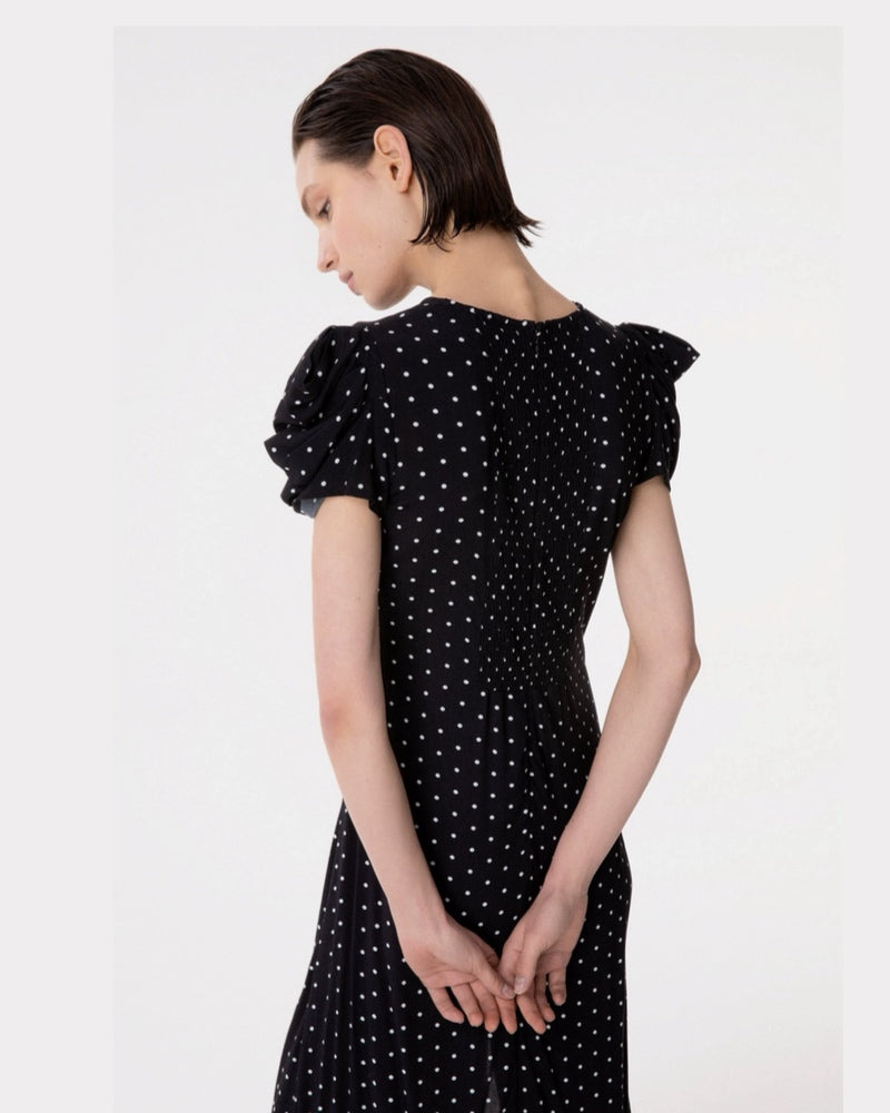 KRISTEL - ABITO MIDI CON DRAPP. E BOTTONCINI IN CREPE CON SPACCO LATERALE