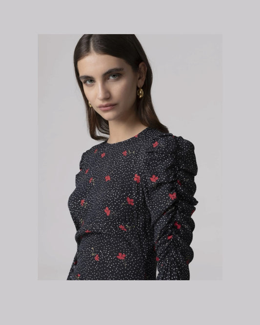 MMABW01792 ABITO MIDI CON ARRICCIATURA LATERALE E BOTTONCINI Pois a fiori Nero