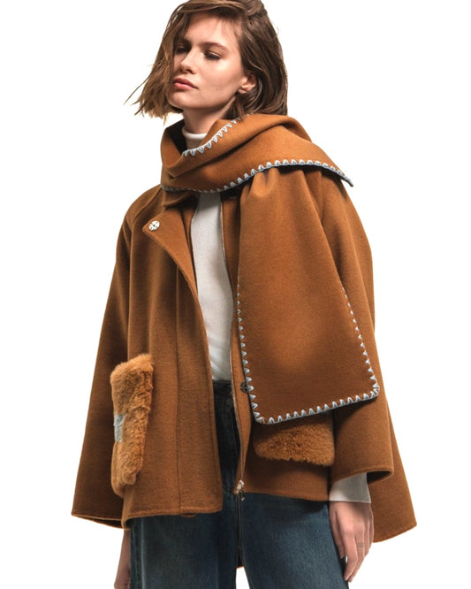Woman Fur Pockets Scarf Jacket SI315 0003 Camel