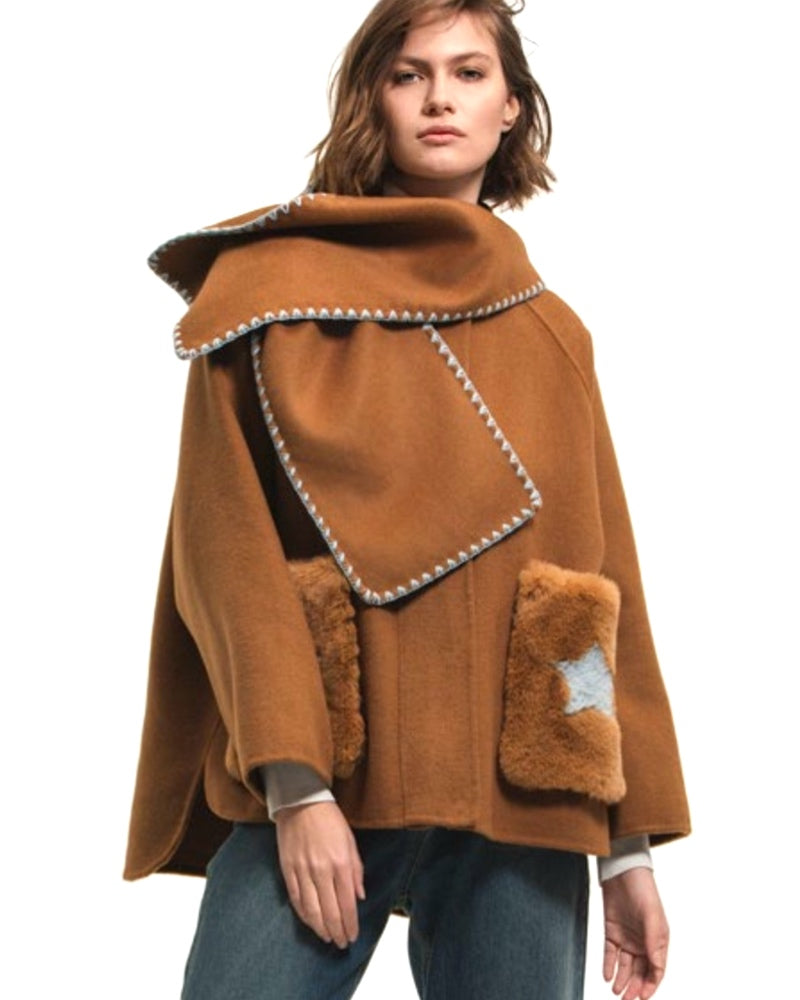 Woman Fur Pockets Scarf Jacket SI315 0003 Camel