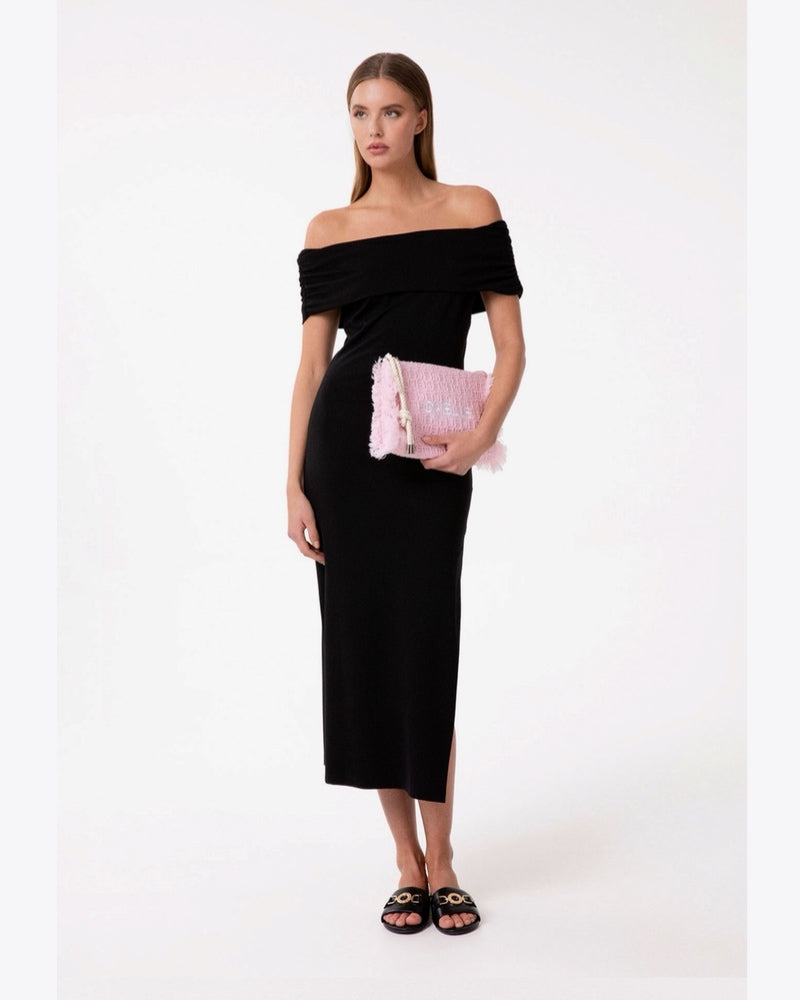 ABITO MIDI CON COLLO SCHIFFER E SPACCO IN PUNTO MILANO GAABW09946 Nero