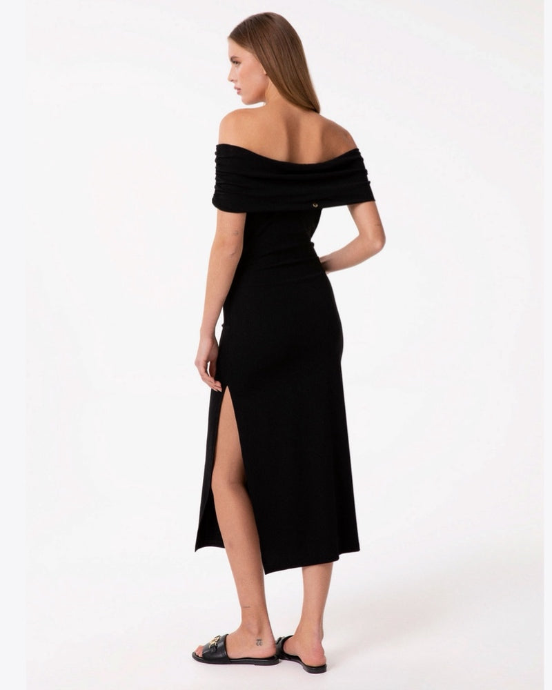 ABITO MIDI CON COLLO SCHIFFER E SPACCO IN PUNTO MILANO GAABW09946 Nero