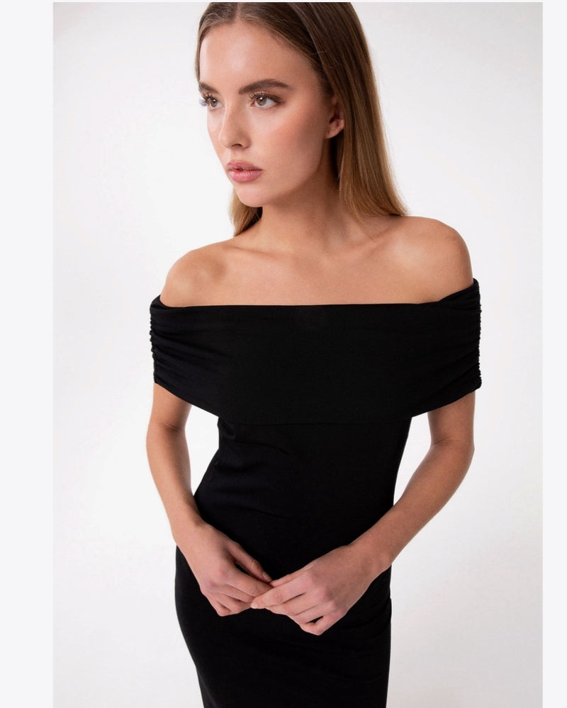 ABITO MIDI CON COLLO SCHIFFER E SPACCO IN PUNTO MILANO GAABW09946 Nero