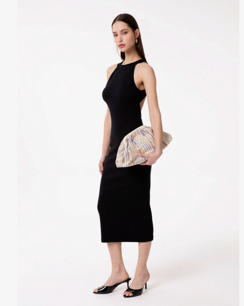 ABITO LUNGO ADERENTE IN COSTINA CON APPLICAZIONE IN SILICONE GAABW09309 Nero