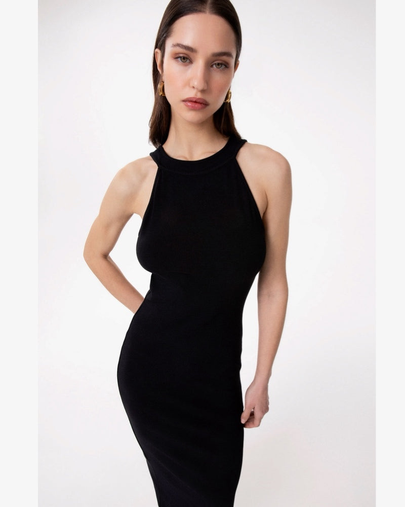 ABITO LUNGO ADERENTE IN COSTINA CON APPLICAZIONE IN SILICONE GAABW09309 Nero