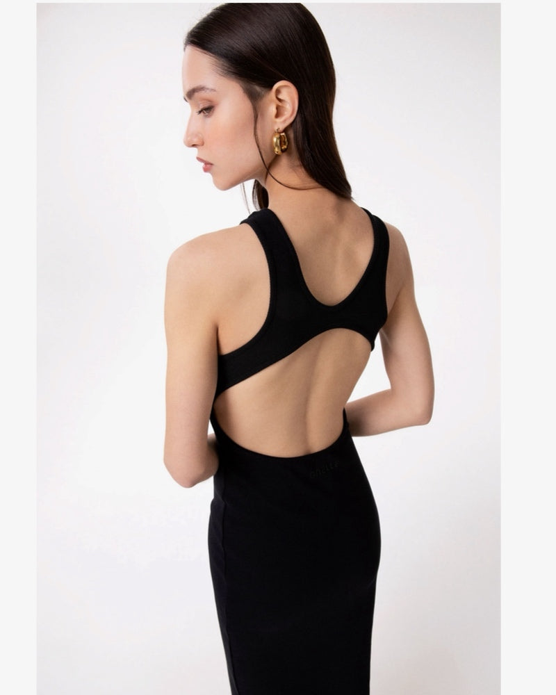 ABITO LUNGO ADERENTE IN COSTINA CON APPLICAZIONE IN SILICONE GAABW09309 Nero