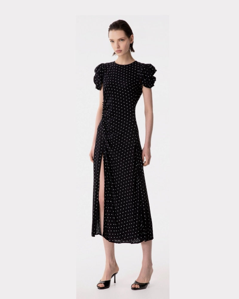 KRISTEL - ABITO MIDI CON DRAPP. E BOTTONCINI IN CREPE CON SPACCO LATERALE