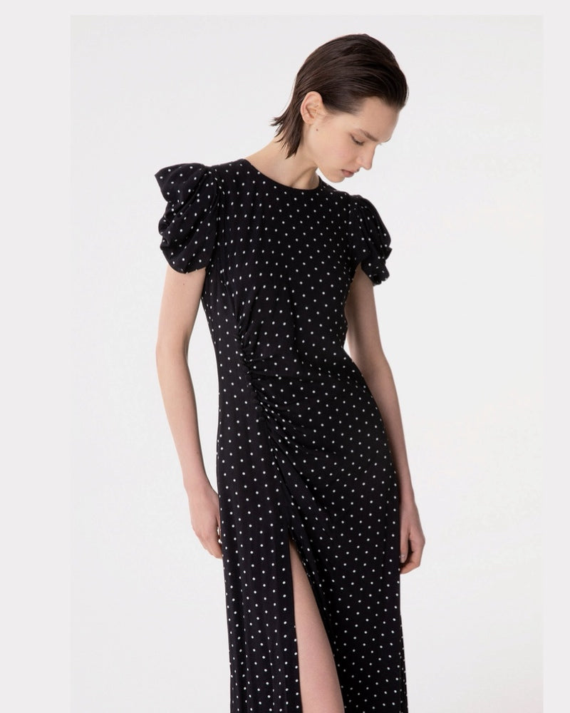KRISTEL - ABITO MIDI CON DRAPP. E BOTTONCINI IN CREPE CON SPACCO LATERALE