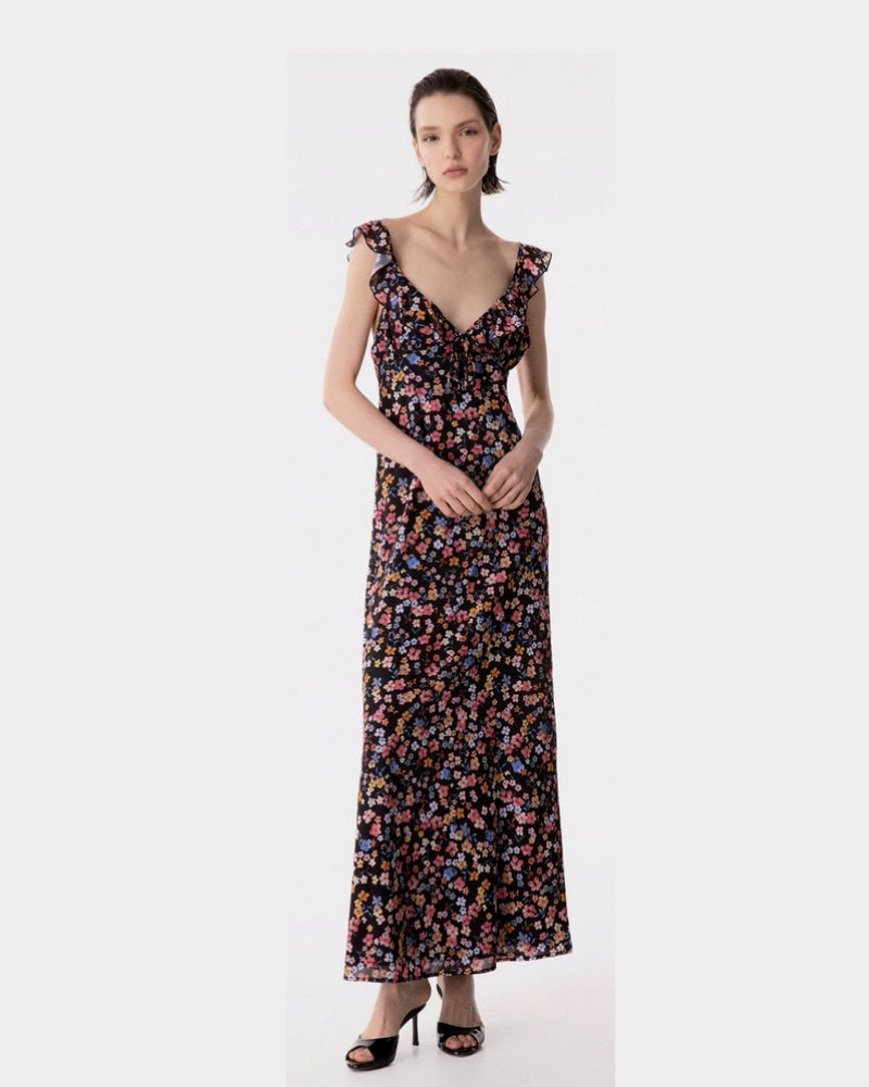 CECILIA - ABITO LUNGO IN GEORGETTE CON VOLANT SULLA SCOLLATURA