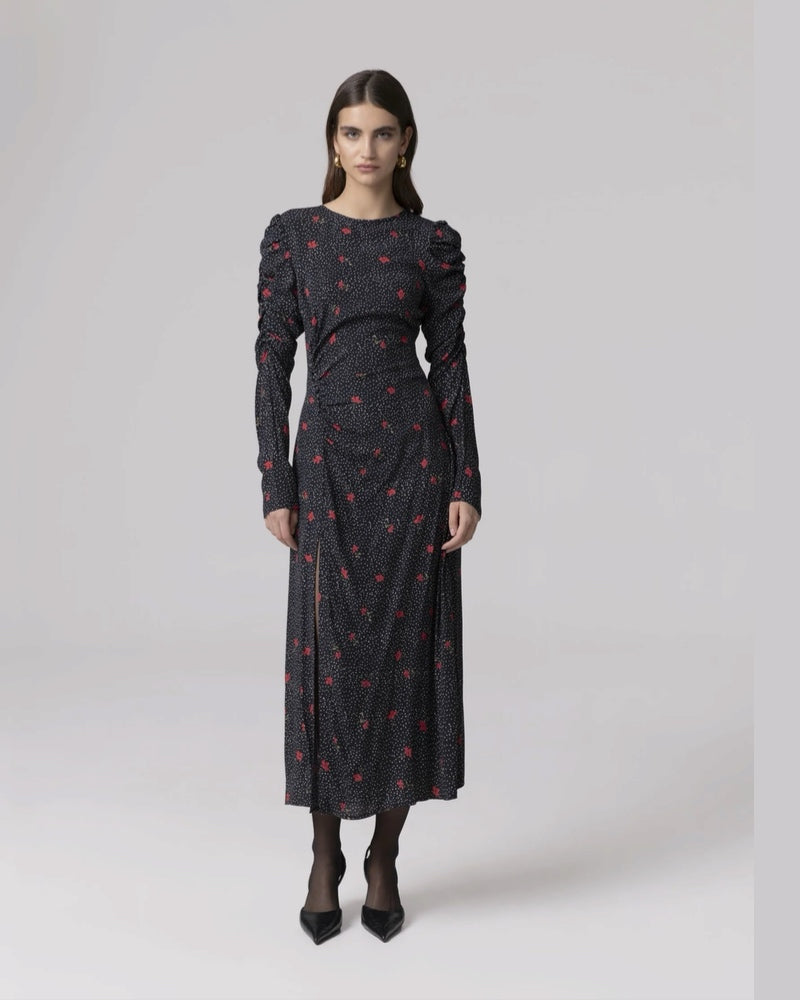 MMABW01792 ABITO MIDI CON ARRICCIATURA LATERALE E BOTTONCINI Pois a fiori Nero