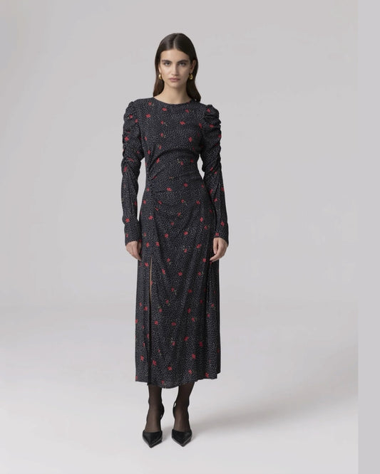 MMABW01792 ABITO MIDI CON ARRICCIATURA LATERALE E BOTTONCINI Pois a fiori Nero