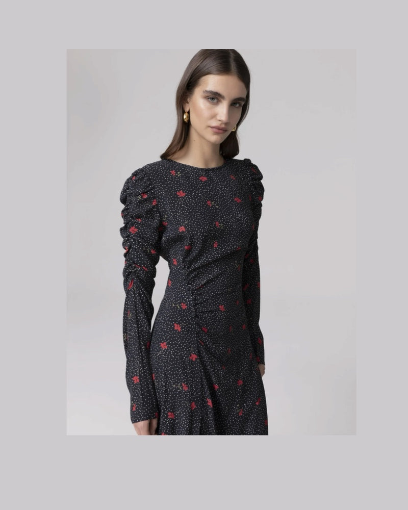 MMABW01792 ABITO MIDI CON ARRICCIATURA LATERALE E BOTTONCINI Pois a fiori Nero