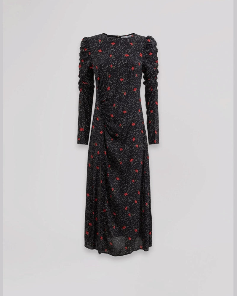 MMABW01792 ABITO MIDI CON ARRICCIATURA LATERALE E BOTTONCINI Pois a fiori Nero