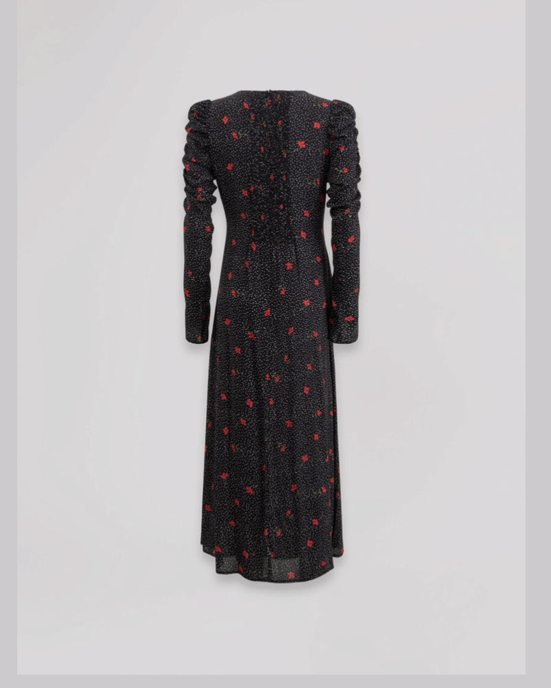 MMABW01792 ABITO MIDI CON ARRICCIATURA LATERALE E BOTTONCINI Pois a fiori Nero