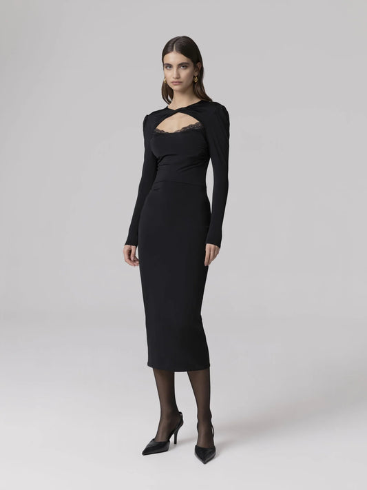 MMABW01841 ABITO MIDI V-NECK CON ARRICCIATURA SU MANICHE E BUSTO Nero